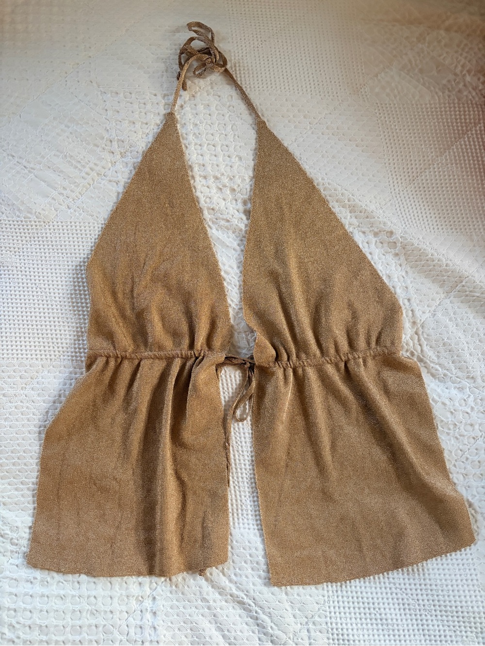 White Fox Boutique Gold Shimmery Halter Backless Crop Top